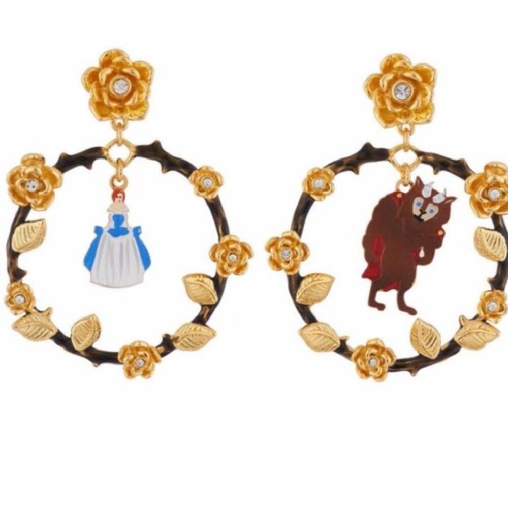 Les Nereides beauty And Beast Golden Rose Hoop Stud Earrings